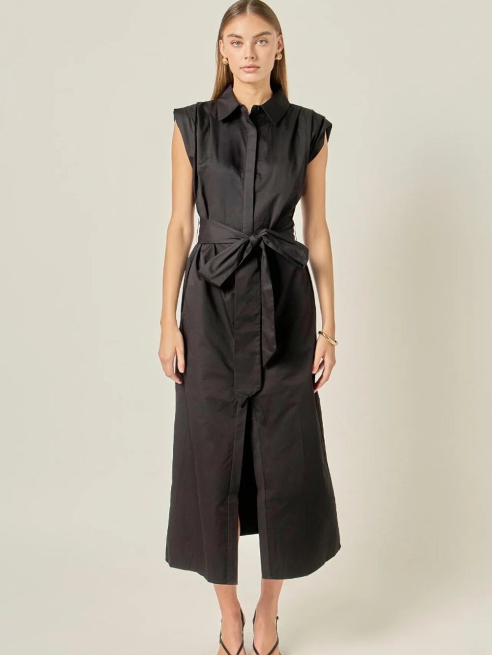 English Factory Sable Black Shoulder Pleated Button-Up Maxi Dress M